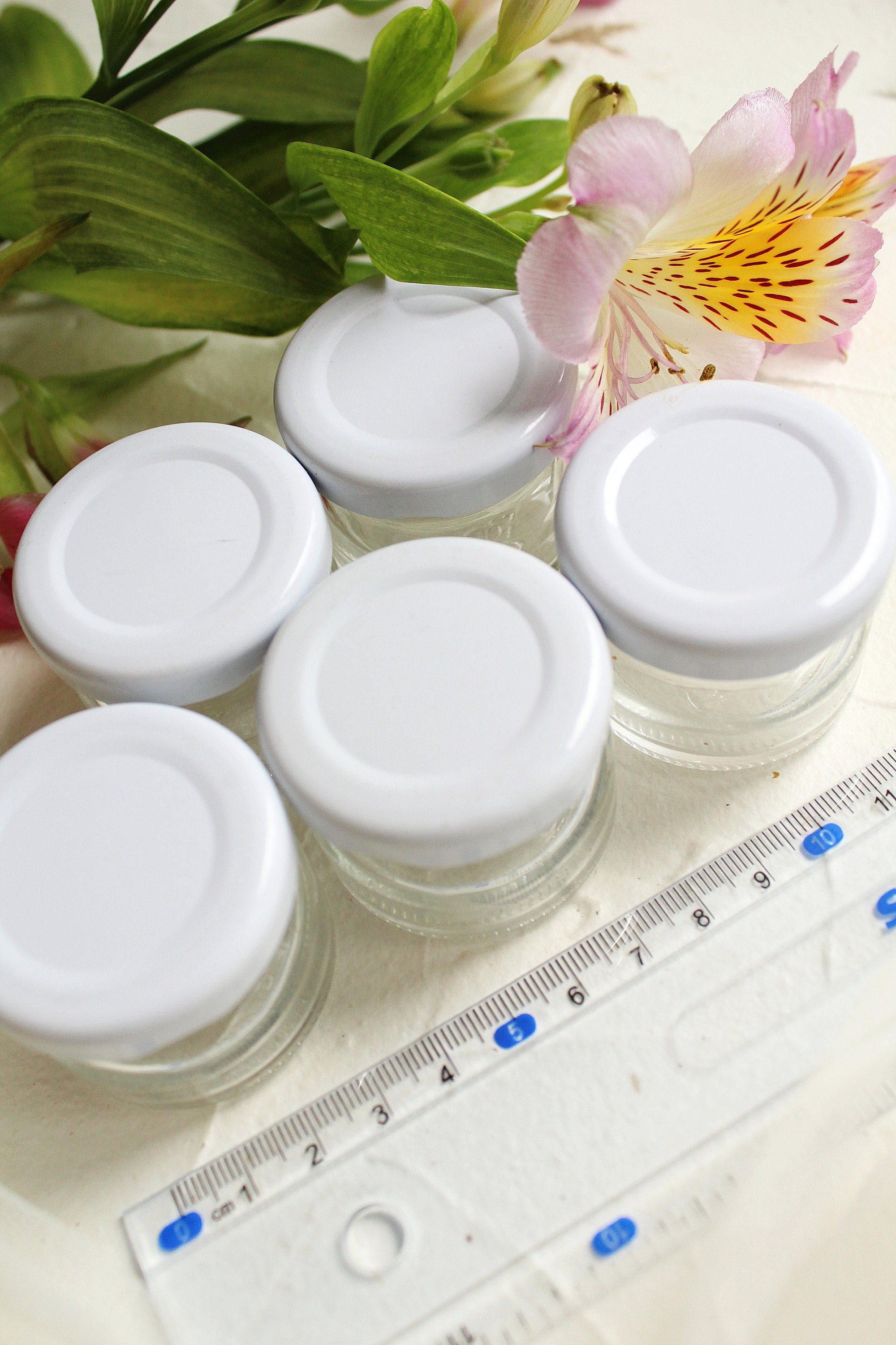 6 pcs of 1 oz (30ml) Small Glass Jars, Colorful Lids, Free of BPA, Plastisol Lined, Food Grade