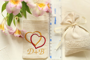 Pesonalized wedding favor bags for bridal shower, welcome candy. Natural linen with embroidery. Different sizes, Highly customizable