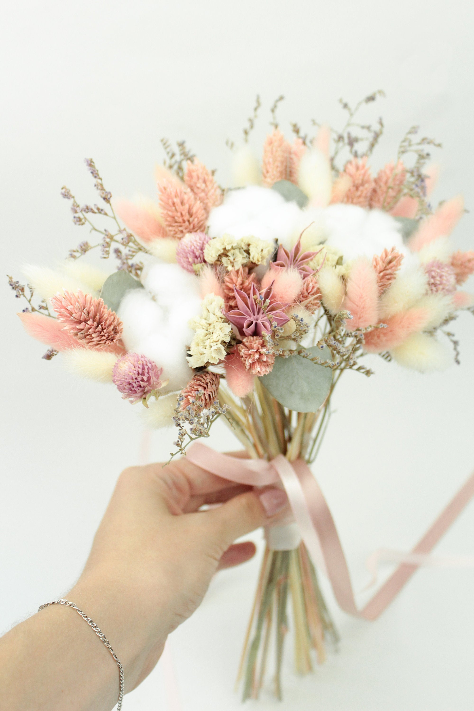 Pink and White Bridal Bouquet, Dried Flowers Bouquet, Dried Flowers Bridesmaid Bouquet, Cotton Bouquet, Bridal Bouquet BOHO, Bride Bouquet